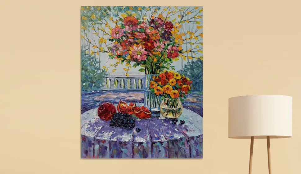 Still life with flowers and fruits (100x80cm, oil painting, palette knife)