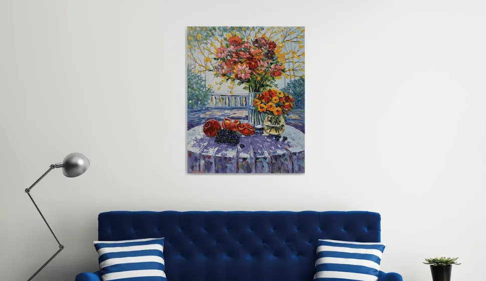 Still life with flowers and fruits (100x80cm, oil painting, palette knife)