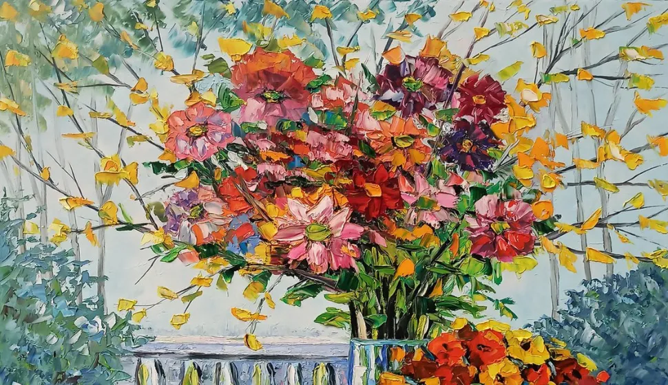 Still life with flowers and fruits (100x80cm, oil painting, palette knife)