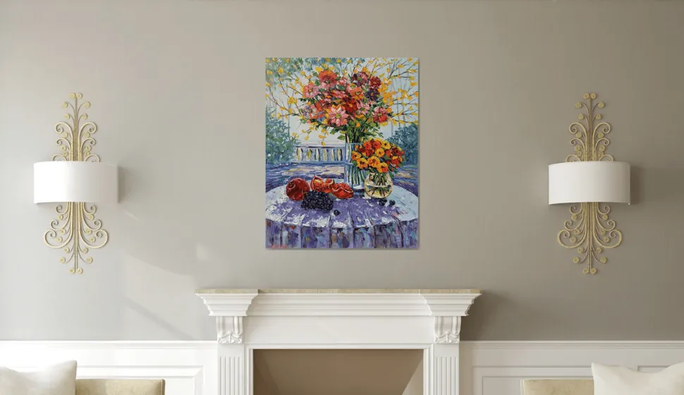 Still life with flowers and fruits (100x80cm, oil painting, palette knife)