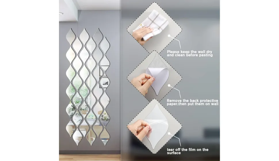 Weysat 30 Pcs Teardrop Mirror Stickers Wall Decor Removable Acrylic Mirror Wall Stickers 3D Mirror Wall Art